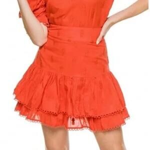 Farm Rio Sz L Red Orange 3D Pineapple Embroidered Tiered Eyelet Mini Skirt
